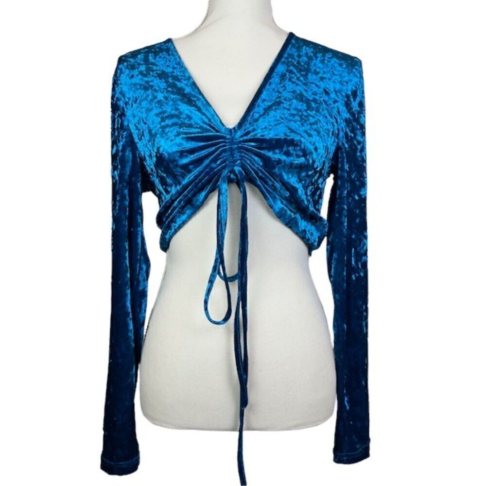Shane Justin Runway Women's Velour Stretch Crop Tie Front Blouse Blue Large